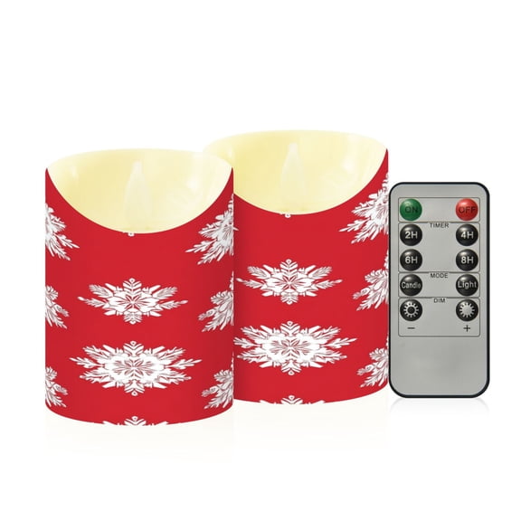2 PCS Tilted Flameless Candles Flickering LED Lights Battery Operated Candles with Remote Timers for Holiday Decor White Snowflakes Seamless Pattern