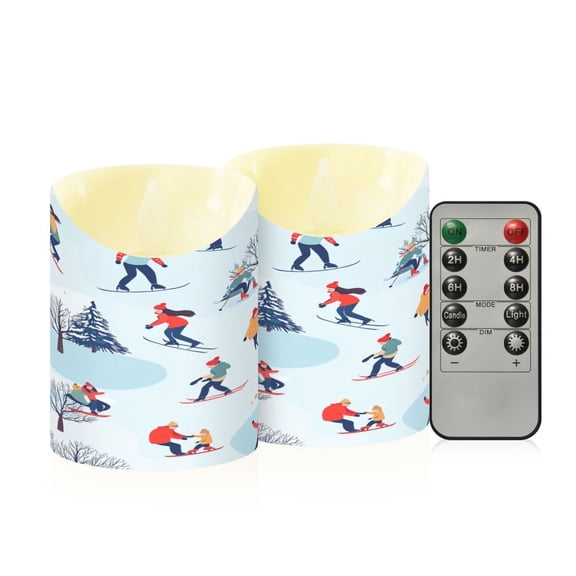2 PCS Tilted Flameless Candles Flickering LED Lights Battery Operated Candles with Remote Timers for Holiday Decor Winter Sports Pattern