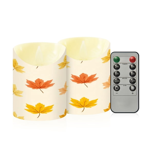 2 PCS Tilted Flameless Candles Flickering LED Lights Battery Operated Candles with Remote Timers for Holiday Decor Yellow Maple Leaves Pattern