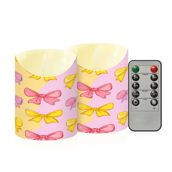2 PCS Tilted Flameless Candles Flickering LED Lights Battery Operated Candles with Remote Timers for Holiday Decor Yellow and Pink Bows