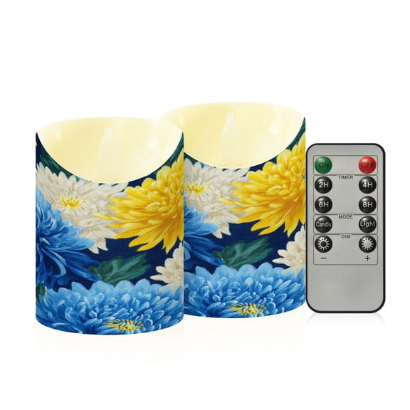 2 PCS Tilted Flameless Candles Flickering LED Lights Battery Operated Candles with Remote Timers for Holiday Decor Yellow and White Chrysanthemum