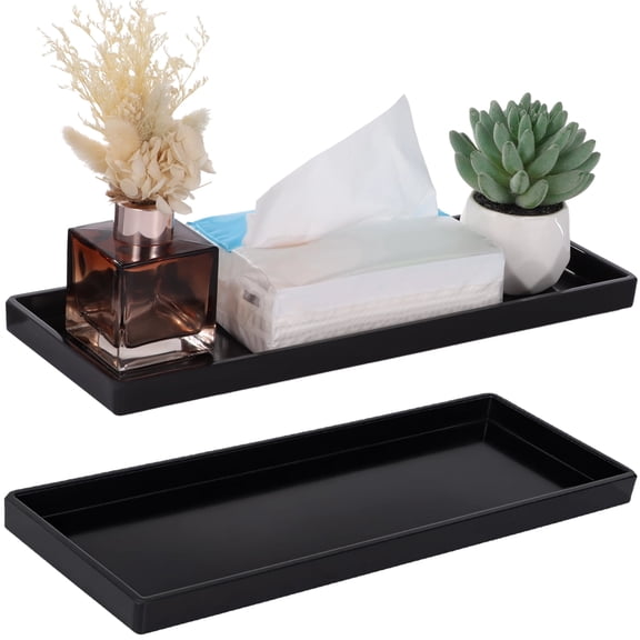 2 PCS Bathroom Vanity Tray, Black Melamine Toilet Tank Tray, Rectangle Bathroom Tray for Counter, Modern Decor Bathroom Organizer Tray for Soap Dispenser, Perfume, Jewelry, Small