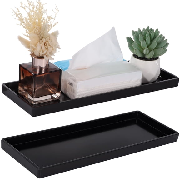 2 PCS Toilet Tank Trays, Rectangle Black Melamine Bathroom Organizer, Toilet Tank Topper Storage, Modern Countertop Holder for Roll Paper Towels, Vanity Tray for Bathroom or Dresser Decor