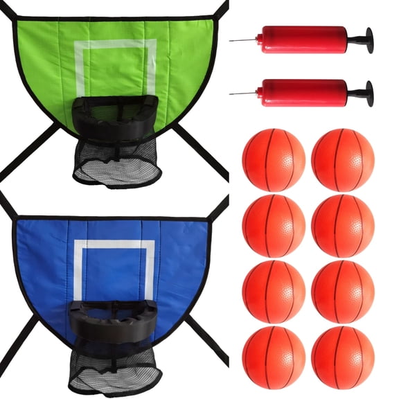 2 Pack Trampoline Basketball Hoops Set with 8 Inflatable Balls & 2 Pumps - Universal Fit for Standard Trampolines, Safe Net Pockets for Kids Outdoor Play | Youth Outdoor Play