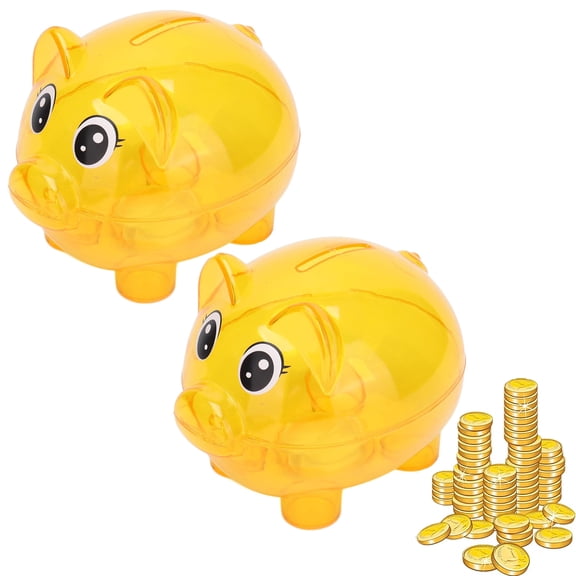 2 PCS Transparent Plastic Piggy Bank for Kids, Money Box Pig Coin Bank for Girls & Boys, Cartoon Design Money Saving Decoration Cute Childlike for The Holidays Birthday Kindergarten Gifts, Yellow