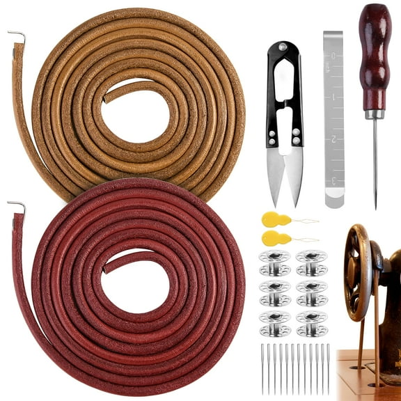 2 PCS Treadle Sewing Machine Belt, 72 Inch 3/16" Replacement Leather Belt Treadle Belts with Hook for Singer/Jones Sewing Machine, Total 2PCS Sewing Machine Leather Belts with 23 PCS Accessories