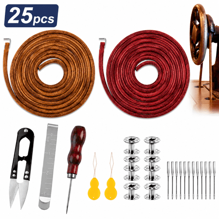 2 PCS Treadle Sewing Machine Belt, 72 Inch 3/16" Replacement Leather Belt Treadle Belts with Hook for Singer/Jones Sewing Machine, Total 2PCS Sewing Machine Leather Belts with 23 PCS Accessories