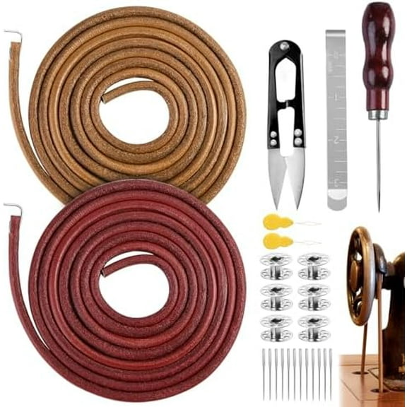 2 PCS Treadle Sewing Machine Belt, 72 Inch 3/16" Replacement Leather Belt Treadle Belts with Hook for Singer/Jones Sewing Machine, Total 2PCS Sewing Machine Leather Belts with 23 PCS Accessories