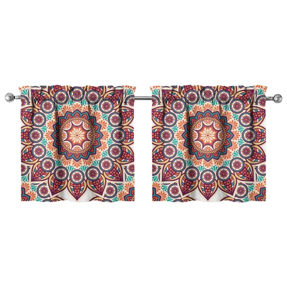 2 PCS Tribal Boho Mandala Kitchen Curtains - 27.5x24 Inch Sacred Symbolic Folk Pattern, Semi-Sheer Rod Pocket Window Treatment