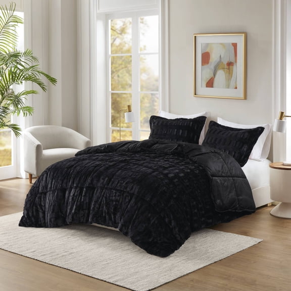 2 PCS Twin/Twin XL Solid Faux Fur Comforter Mini Set Black