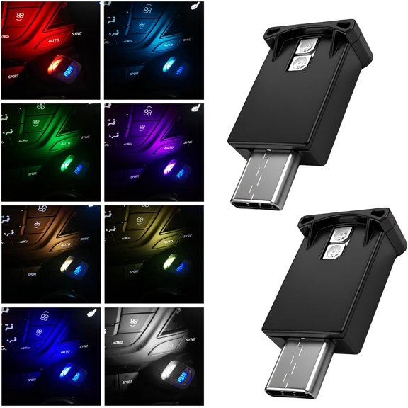 2 PCS USB Type C LED Ambient Light, 8 Colors RGB Car Atmosphere Lamp Adjustable Brightness Mini 5V Plug-in Night Interior Decoration for Vehicle Home Office