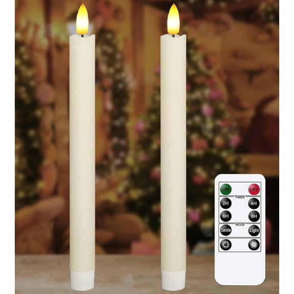 2 PCS Upgraded Real Wax LED Flameless Taper Candles with Remote, White Candlesticks Battery Operated 3D Flickering - 9.6” Long Realistic Fake Candle Sticks for Home/Wedding/Fireplace Xmas Decor