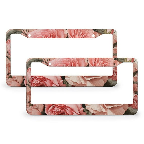 2 PCS Vintage French Floral Pink Roses License Plate Frame Colorful Flower Auto Decorative Frames Cars Protector Cover Holder Aluminum 2 Holes for Us Standard Vehicles