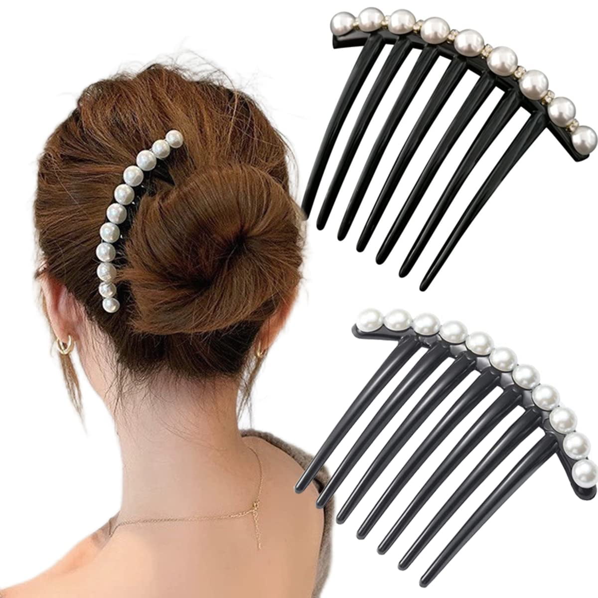 2 PCS Vintage Pearl Rhinestone Black Hair Comb Clip Hair