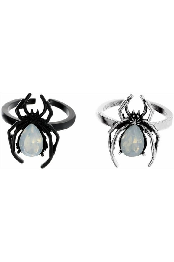 2 PCS Vintage Spider Statement Adjustable Rings Set for Women Dainty Teardrop Crystal Halloween Costume Expandable Open Wrap Ring Comfort Fit Retro Holiday Festival BFF Jewelry Gifts