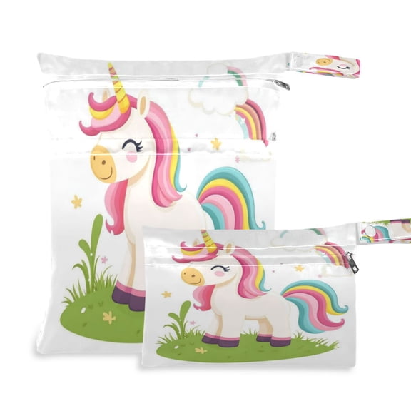 2 PCS Wet Dry Bags for Baby Cloth Diapers Reusable Waterproof Wet Bags for Stroller, Travel & Gym Cartoon Unicorn with Rainbow Hair