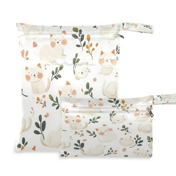 2 PCS Wet Dry Bags for Baby Cloth Diapers Reusable Waterproof Wet Bags for Stroller, Travel & Gym Cartoon White Cat