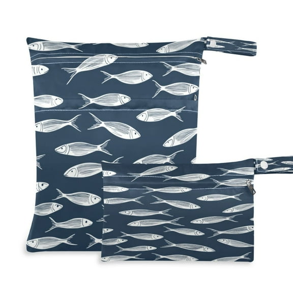 2 PCS Wet Dry Bags for Baby Cloth Diapers Reusable Waterproof Wet Bags for Stroller, Travel & Gym White Fish