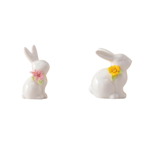 2 PCS White Ceramic Easter Bunny Figurine with Floral Accents, Porcelain Rabbit Decor for Farmhouse Tabletop, Shelf, or Mantel Display, Spring Home or Office Decorative Centerpiece
