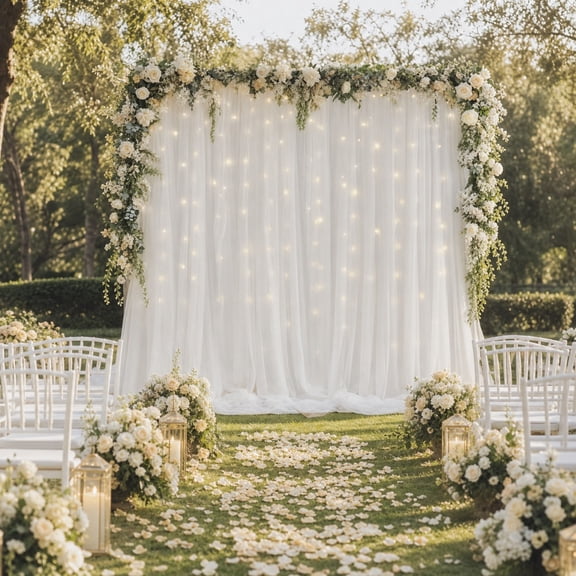 2 PCS White Tulle Backdrop Curtain With Lights String For Parties, Sheer Backdrop Curtains, Ideal For Outdoor Wedding Scene Decoration, Lamp Not Included (300cm 160cm)