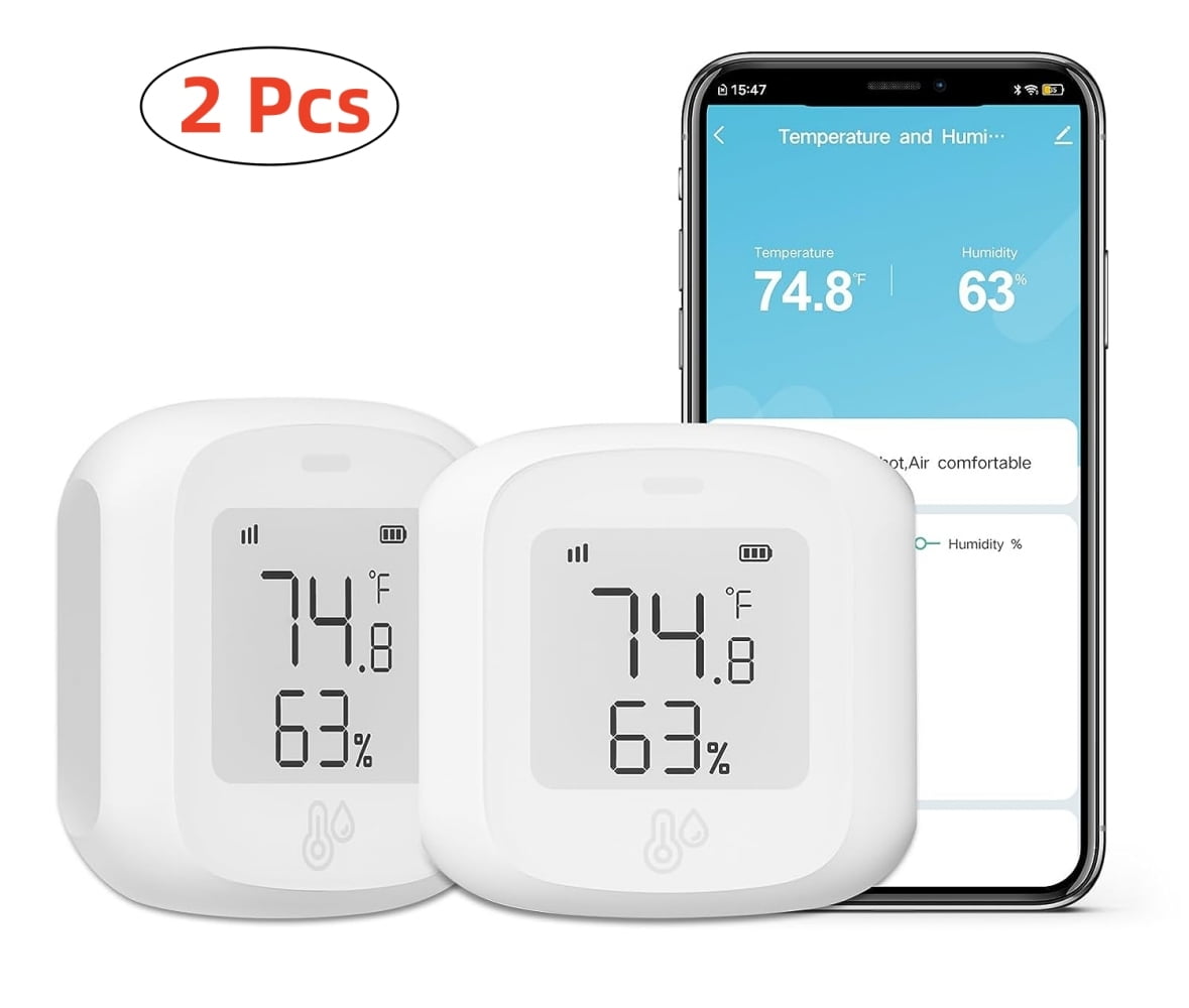 2 PCS WiFi Temperature Humidity Sensor,Thermometer Hygrometer Monitor with App Alert, Mini Thermometer Humidity Sensor(Only 2.4G)