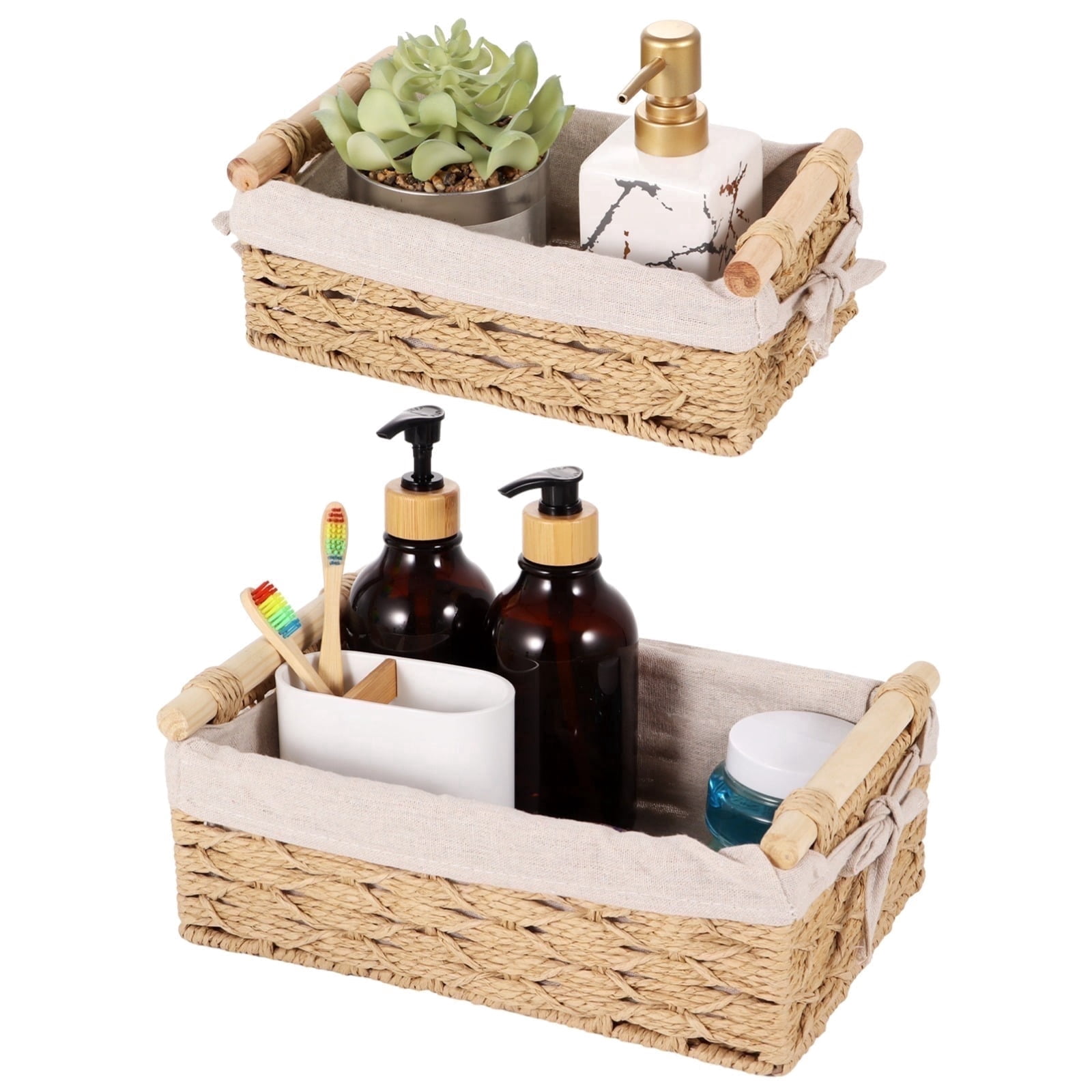 2 PCS Wicker Storage Baskets with Wood Handles, Rattan Basket Organizer for Shelves, Decorative Rectangle Wicker Basket, Organizing Basket for Bathroom, Storage Basket for Countertop