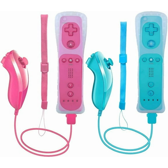 2 PCS Wii Remote Controller,Remote Controller with Motion Plus,Silicone Case and Wrist Strap Compatible for Wii/Wii U,Blue and Pink