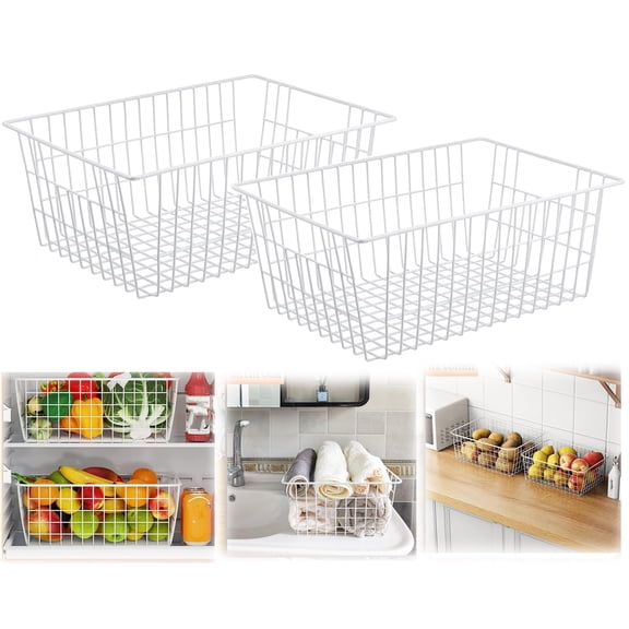 2 PCS Wire Storage Baskets for Organizing, Freezer Storage Baskets, Laundry Basket,Storage Baskets for Shelves, Metal Basket for Pantry, Freezer, Cabinet(White,11 x 8.58 x 4.72 Inches)