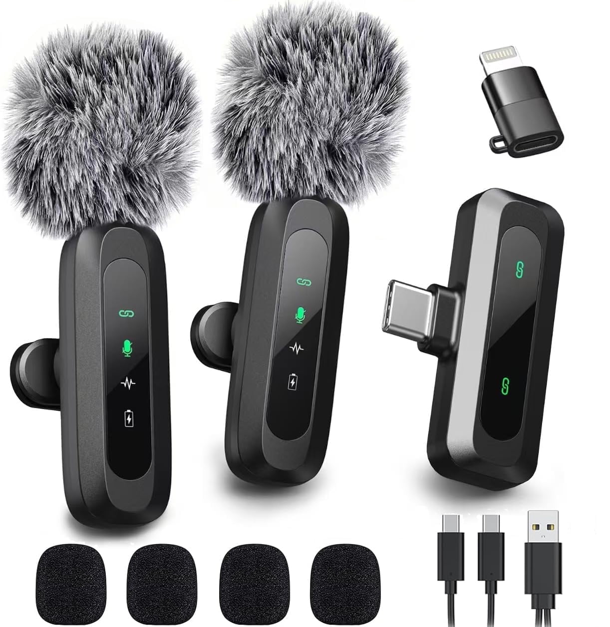 2 PCS Wireless Lavalier Microphone for iPhone, Android, iPad, USB-C, Mini Lapel Mic with Adapter