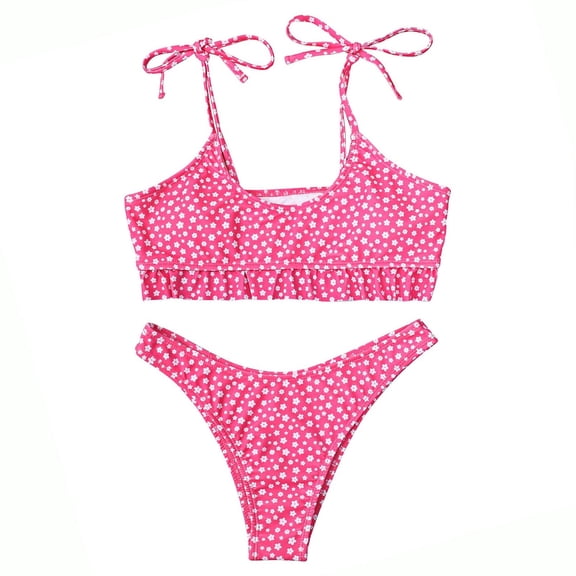 2 PCS Women Lace up Bikinis Sets Ruffle Floral Swimsuit Low Shorts Sexy Monokini Spaghetti Beach