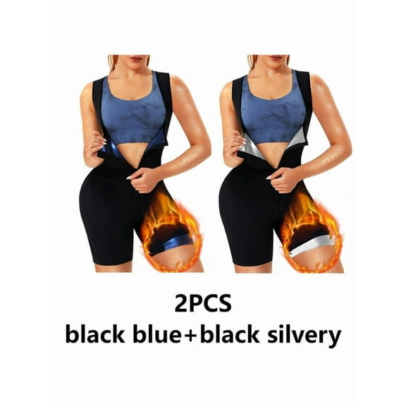 2 PCS Women's Heat-Retention Sauna Suit Workout Vest - 5X Sweating Effect, Mid-Support Zipper Front Waist Trainer & Full-Body Shaper for Gym Running Yoga