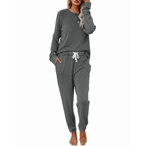 2 PCS Women's Long Sleeve Sweatsuit Set Crewneck Pullover & Drawstring Sweatpants Sport Outfits Sets