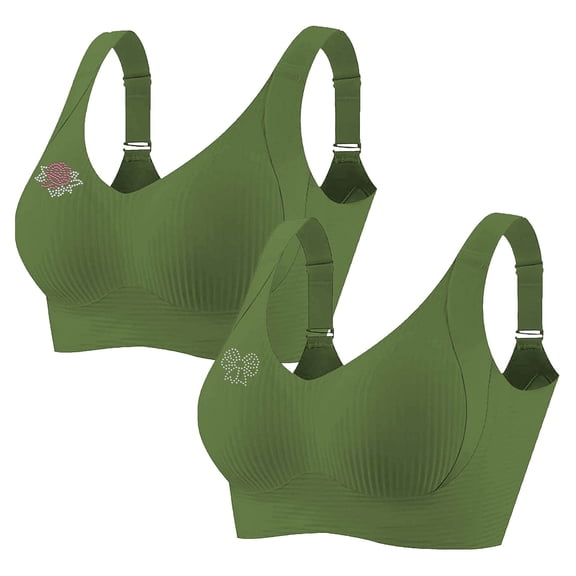 2 PCS Women's Plus Size Wireless Bralette Floral Rhinestone Full Coverage Bras Support Push up T-Shirt Bra, 100BCD