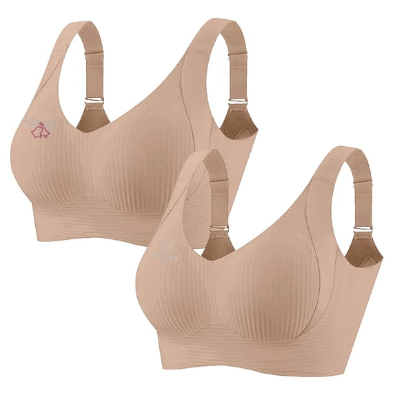 2 PCS Women's Plus Size Wireless Bralette Floral Rhinestone Full Coverage Bras Support Push up T-Shirt Bra, 105BCD