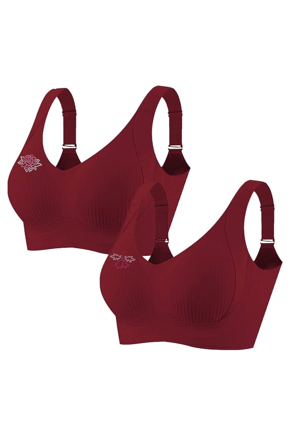 2 PCS Women's Plus Size Wireless Bralette Floral Rhinestone Full Coverage Bras Support Push up T-Shirt Bra, 75BCD