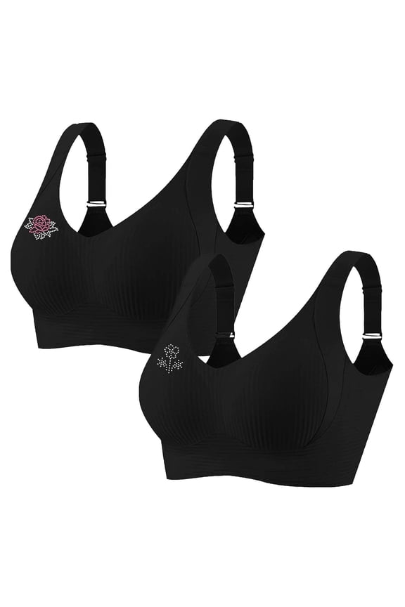 2 PCS Women's Plus Size Wireless Bralette Floral Rhinestone Full Coverage Bras Support Push up T-Shirt Bra, 75BCD