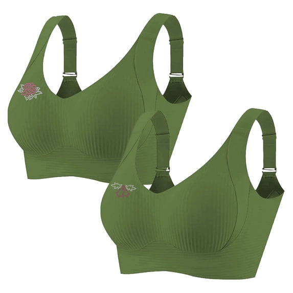 2 PCS Women's Plus Size Wireless Bralette Floral Rhinestone Full Coverage Bras Support Push up T-Shirt Bra, 80BCD