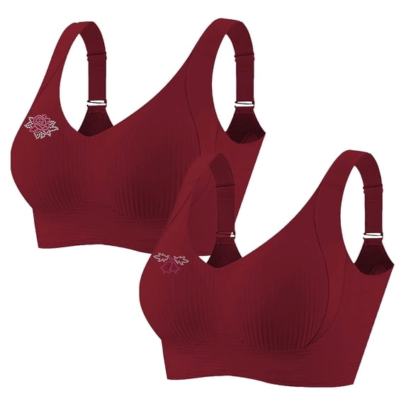 2 PCS Women's Plus Size Wireless Bralette Floral Rhinestone Full Coverage Bras Support Push up T-Shirt Bra, 80BCD
