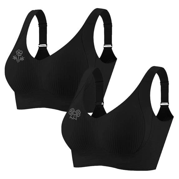 2 PCS Women's Plus Size Wireless Bralette Floral Rhinestone Full Coverage Bras Support Push Up T-Shirt Bra, 80BCD