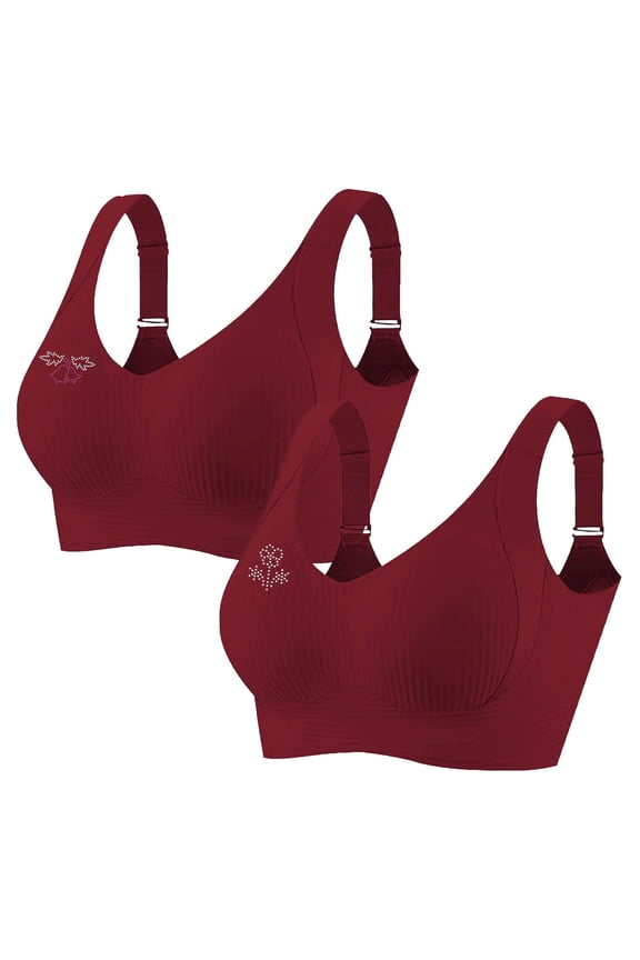 2 PCS Women's Plus Size Wireless Bralette Floral Rhinestone Full Coverage Bras Support Push up T-Shirt Bra, 95BCD