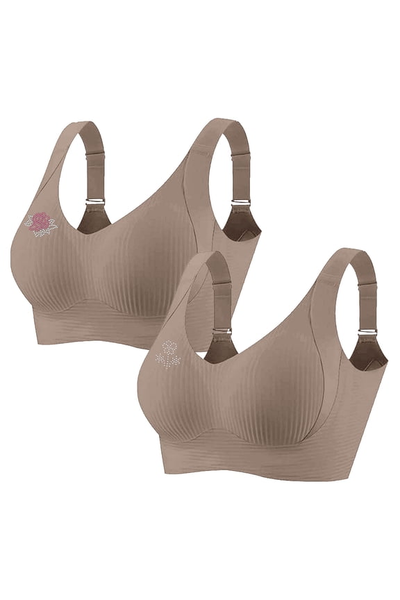 2 PCS Women's Plus Size Wireless Bralette Floral Rhinestone Full Coverage Bras Support Push up T-Shirt Bra, 95BCD