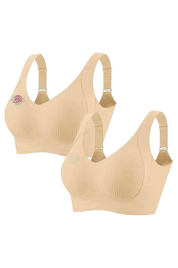 2 PCS Women's Plus Size Wireless Bralette Floral Rhinestone Full Coverage Bras Support Push up T-Shirt Bra, 95BCD