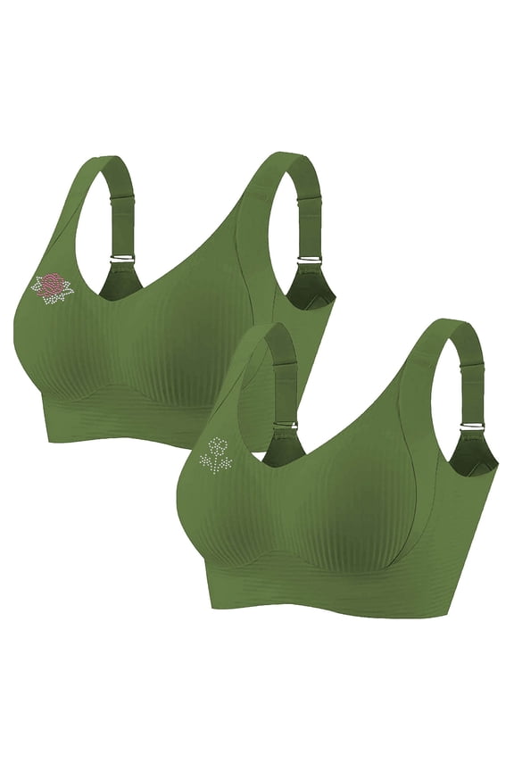 2 PCS Women's Plus Size Wireless Bralette Floral Rhinestone Full Coverage Bras Support Push up T-Shirt Bra, 95BCD