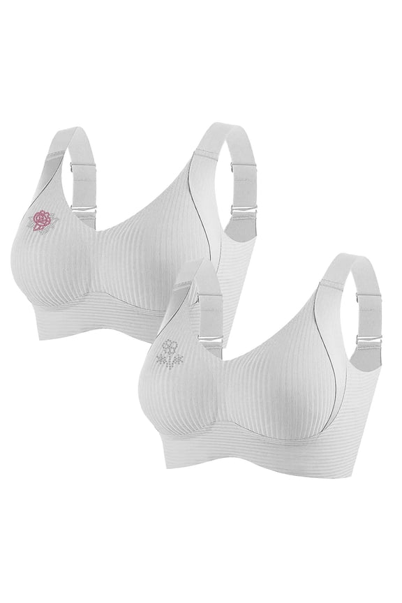 2 PCS Women's Plus Size Wireless Bralette Floral Rhinestone Full Coverage Bras Support Push up T-Shirt Bra, 95BCD