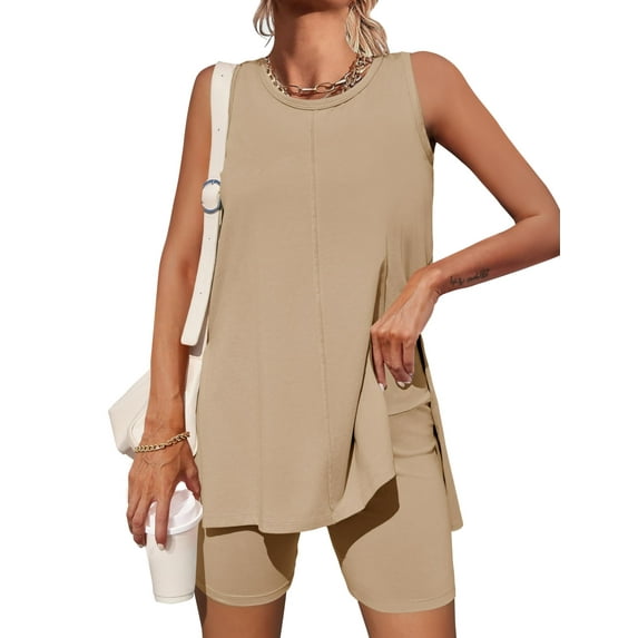 Summer Women Sleeveless 2 Piece Outfits Solid Color Tank Tops and Shorts Sets