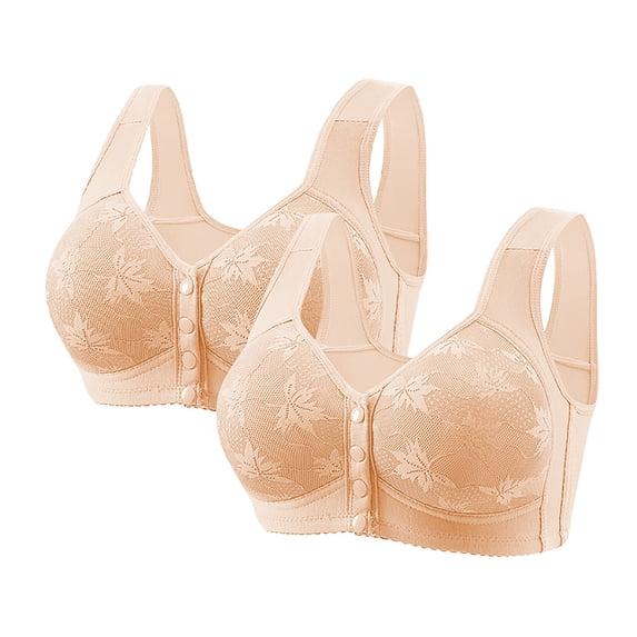 2 PCS Womens Front Closure Wireless Bras Full Coverage Push Up Bralettes Modest Embroidered Wide Straps Bras Beige, 42/95BC