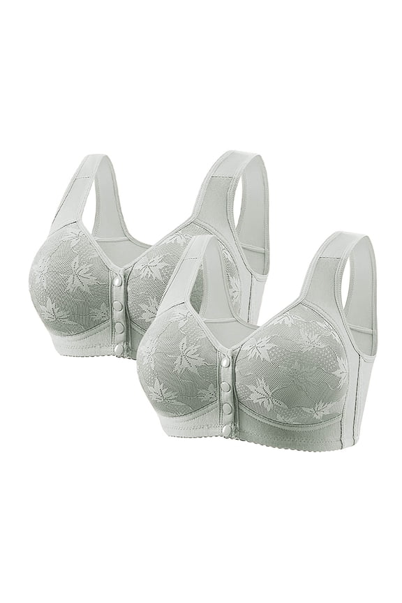 2 PCS Womens Front Closure Wireless Bras Full Coverage Push Up Bralettes Modest Embroidered Wide Straps Bras Gray, 38/85BC