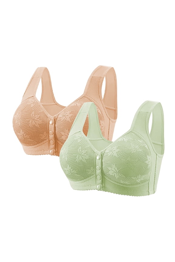 2 PCS Womens Front Closure Wireless Bras Full Coverage Push Up Bralettes Modest Embroidered Wide Straps Bras Multicolor, 36/80BC