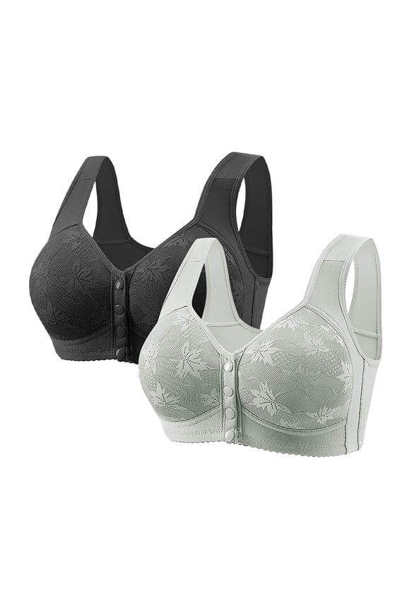2 PCS Womens Front Closure Wireless Bras Full Coverage Push Up Bralettes Modest Embroidered Wide Straps Bras Multicolor, 36/80BC