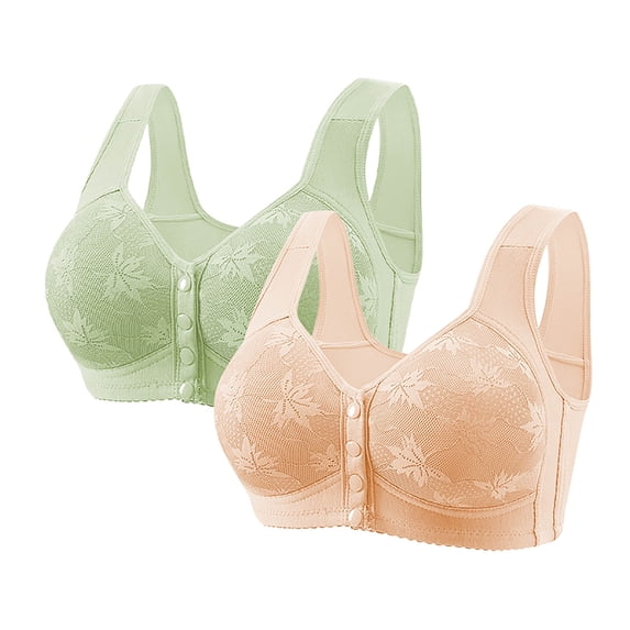 2 PCS Womens Front Closure Wireless Bras Full Coverage Push Up Bralettes Modest Embroidered Wide Straps Bras Multicolor, 38/85BC